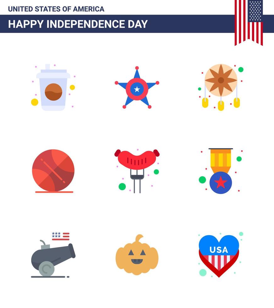 Big Pack of 9 USA Happy Independence Day USA Vector Flats and Editable Symbols of frankfurter usa adornment sports backetball Editable USA Day Vector Design Elements