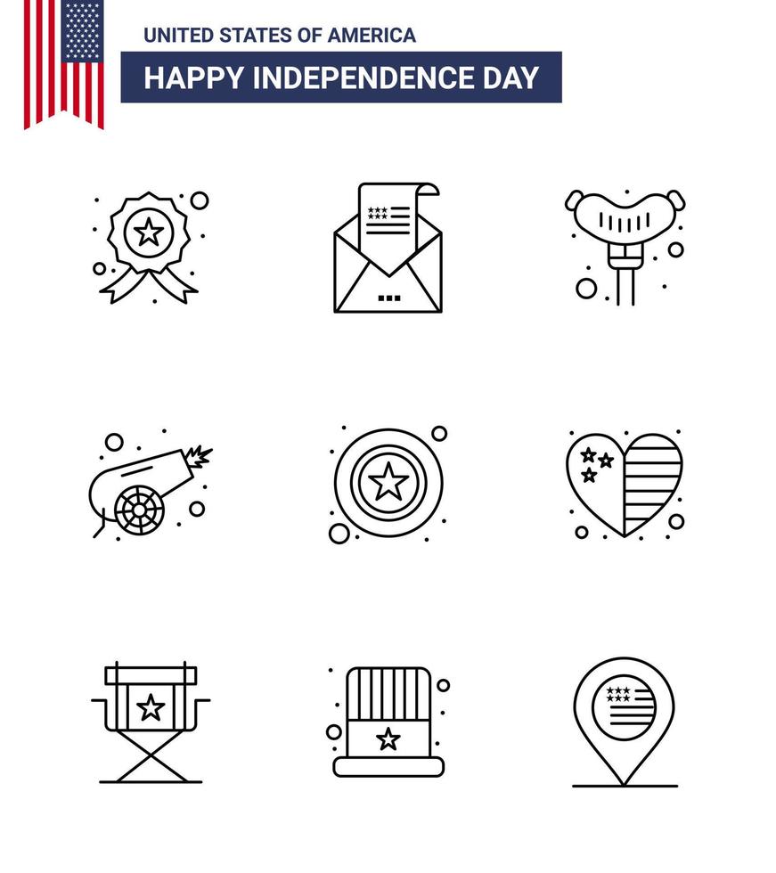 Happy Independence Day Pack of 9 Lines Signs and Symbols for police weapon mail war army Editable USA Day Vector Design Elements