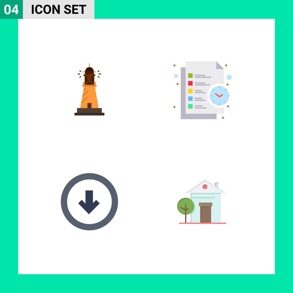conjunto de iconos planos de interfaz móvil de 4 pictogramas de botón de lista de playa de tiempo de faro elementos de diseño de vector editables