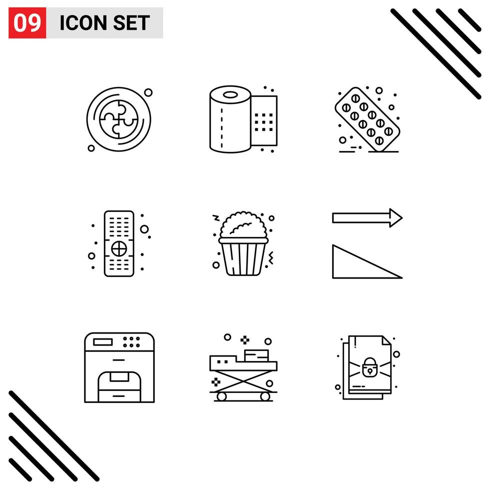 Set of 9 Vector Outlines on Grid for descending fast food medical popcorn remote Editable Vector Design Elements