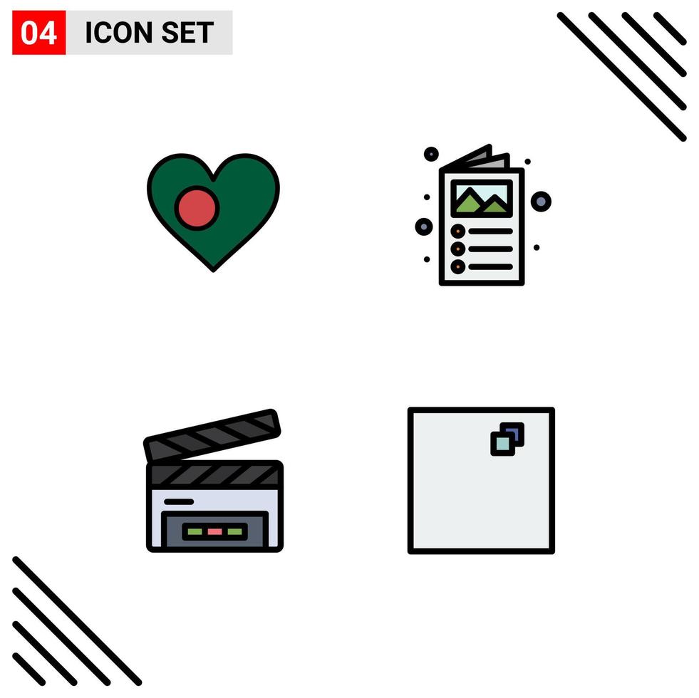 Set of 4 Modern UI Icons Symbols Signs for heart clapboard country brochure clapperboard Editable Vector Design Elements