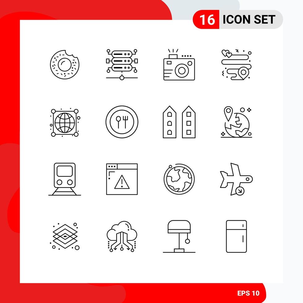 Editable Vector Line Pack of 16 Simple Outlines of connections globe photo earth location Editable Vector Design Elements