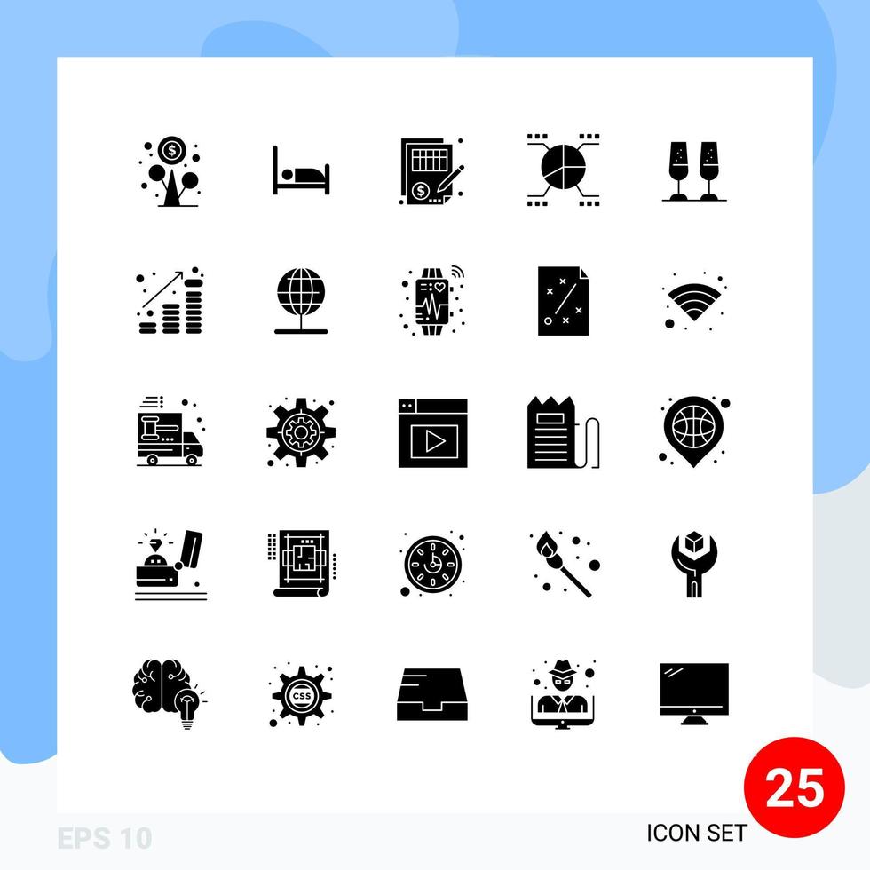 Set of 25 Commercial Solid Glyphs pack for champagne glasses statistics balance pie chart Editable Vector Design Elements
