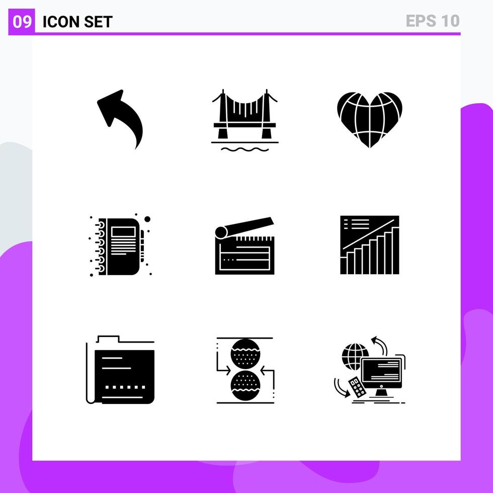 Group of 9 Modern Solid Glyphs Set for action diary love copy book Editable Vector Design Elements