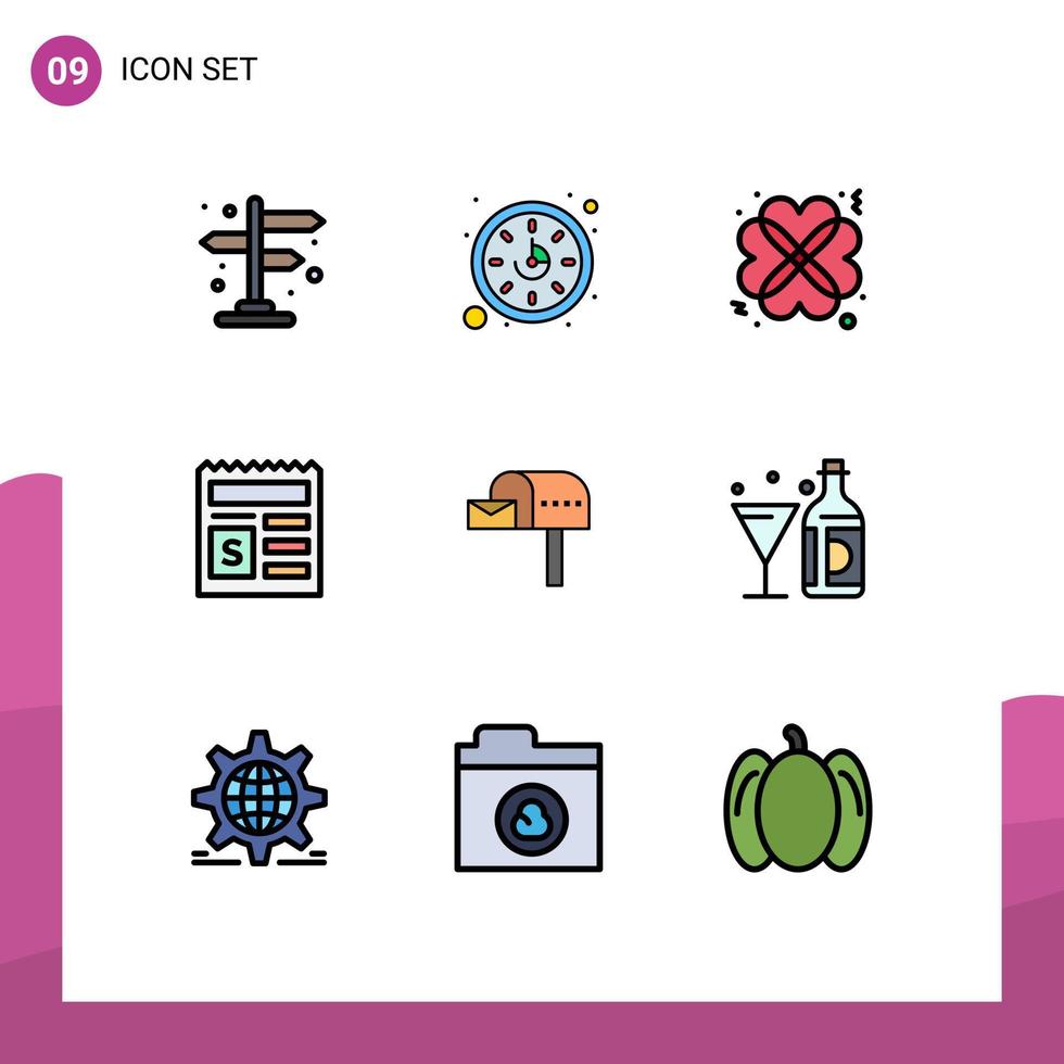 Mobile Interface Filledline Flat Color Set of 9 Pictograms of box email romantic letter box document Editable Vector Design Elements