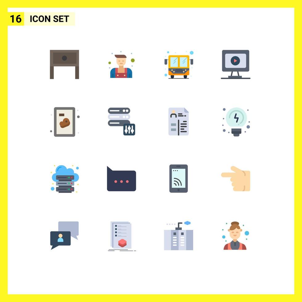 16 iconos creativos, signos y símbolos modernos de la base de datos, carne, autobús, carne, video, paquete editable de elementos creativos de diseño de vectores. vector