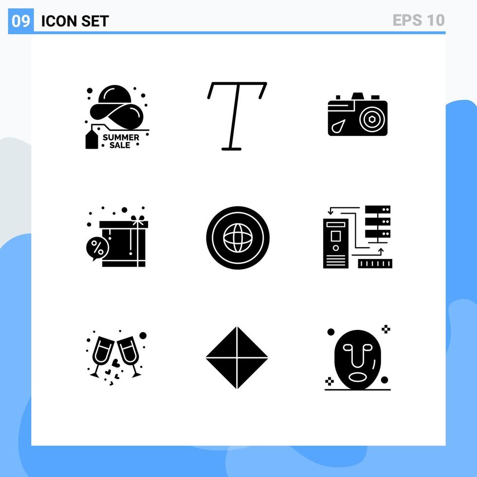 conjunto moderno de 9 glifos y símbolos sólidos, como elementos de diseño de vectores editables de descuento de compras de educación de países del mundo