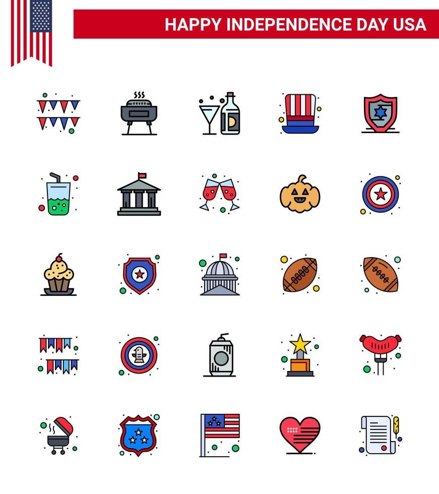 Set of 25 USA Day Icons American Symbols Independence Day Signs for protection usa wine presidents day Editable USA Day Vector Design Elements