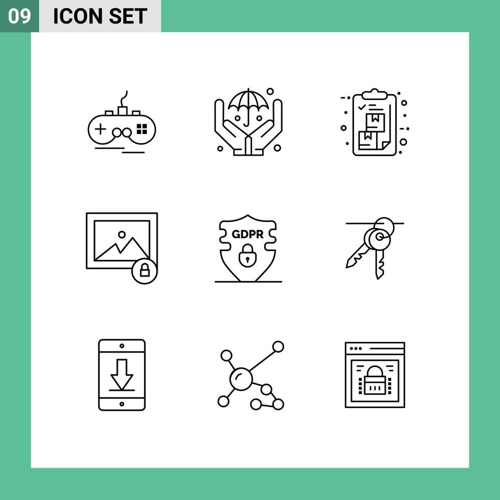 Mobile Interface Outline Set of 9 Pictograms of privacy data clipboard photo image Editable Vector Design Elements