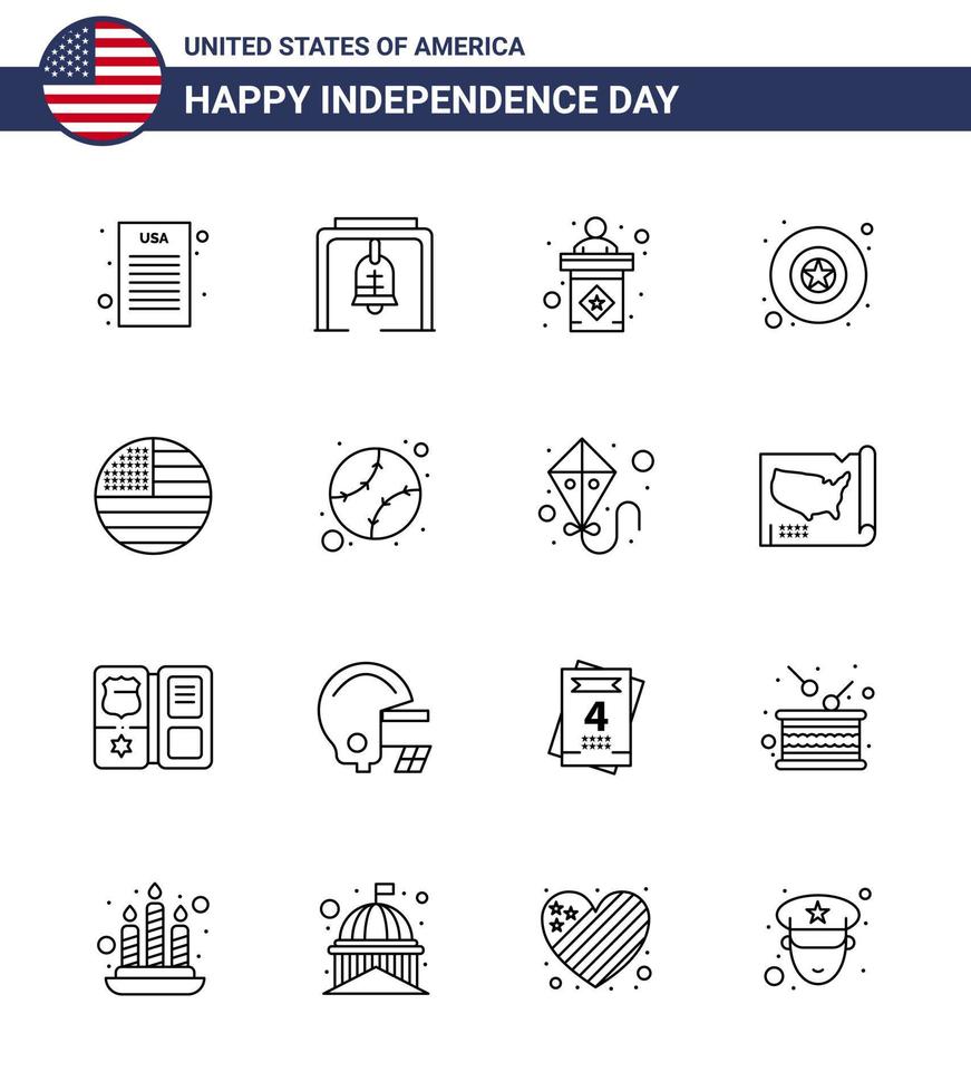 Editable Vector Line Pack of USA Day 16 Simple Lines of usa flag election american military Editable USA Day Vector Design Elements