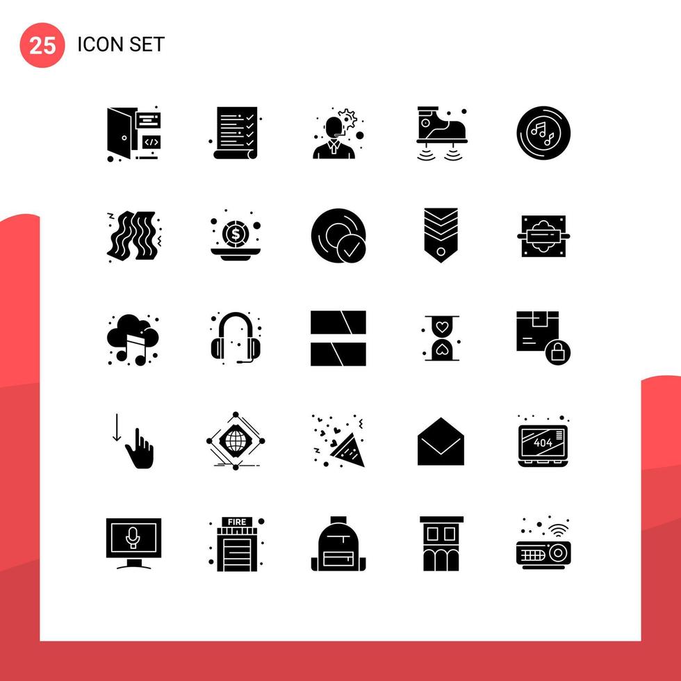 Pack of 25 creative Solid Glyphs of player musical gear music service Editable Vector Design Elements