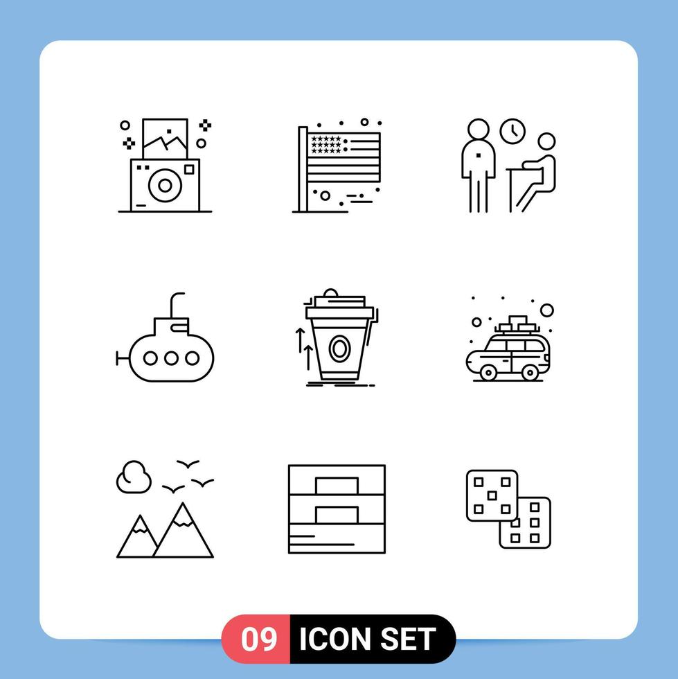 9 Thematic Vector Outlines and Editable Symbols of cup promo job product bathyscaph Editable Vector Design Elements
