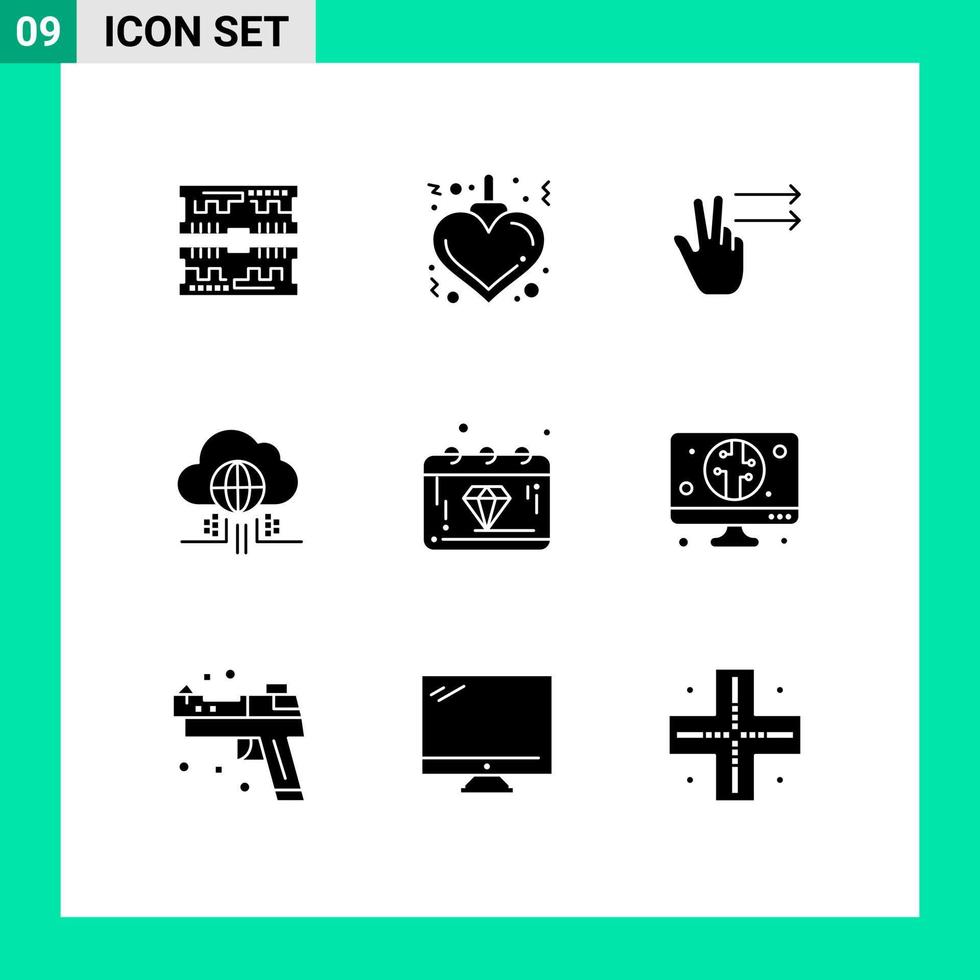 Pictogram Set of 9 Simple Solid Glyphs of gem day gesture banking cloud Editable Vector Design Elements