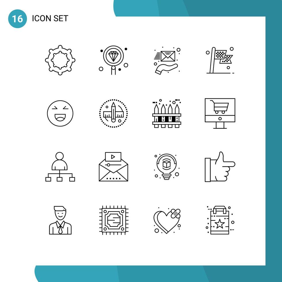 Set of 16 Vector Outlines on Grid for emoji flag envelope race checkered Editable Vector Design Elements