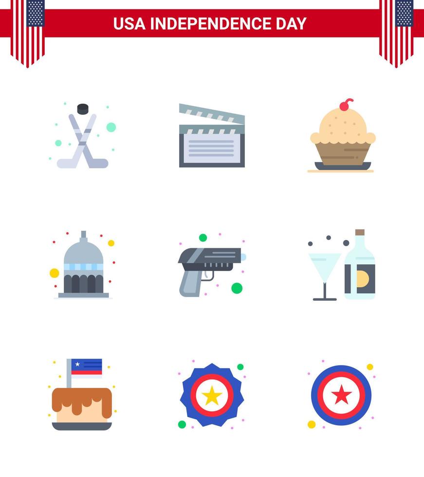 paquete de 9 pisos creativos relacionados con el día de la independencia de estados unidos de gun statehouse cake indianápolis acción de gracias elementos de diseño vectorial editables del día de estados unidos vector