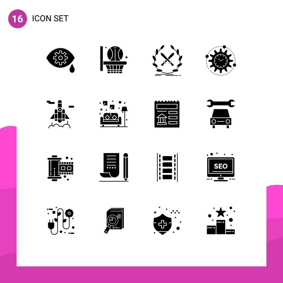 Pack of 16 creative Solid Glyphs of space project game productivity management Editable Vector Design Elements