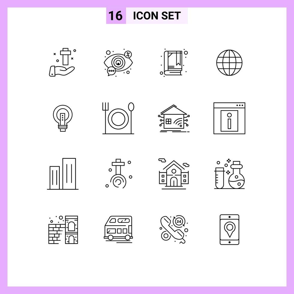Universal Icon Symbols Group of 16 Modern Outlines of bulb map view globe bookmark Editable Vector Design Elements