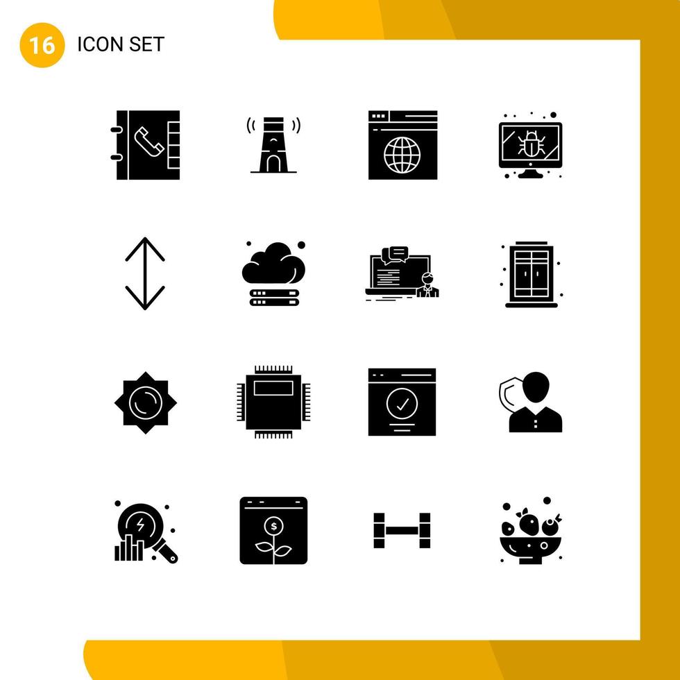 paquete de 16 signos y símbolos de glifos sólidos modernos para medios de impresión web, como elementos de diseño de vectores editables en pantalla de flecha de servidor en la nube