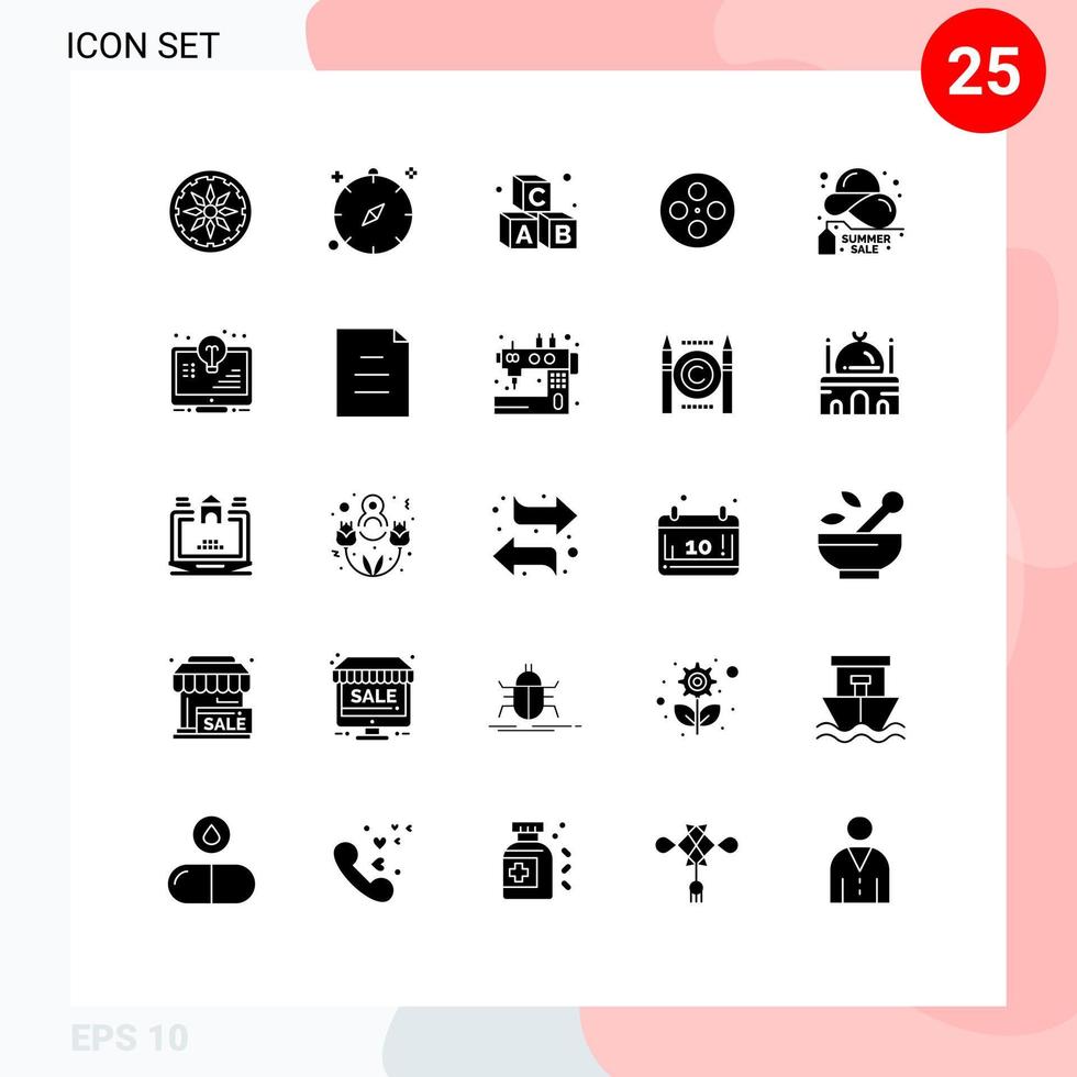 25 Universal Solid Glyphs Set for Web and Mobile Applications discount multimedia alphabet movie cinema Editable Vector Design Elements
