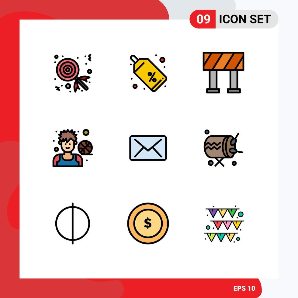 Filledline Flat Color Pack of 9 Universal Symbols of drum mail road email man Editable Vector Design Elements