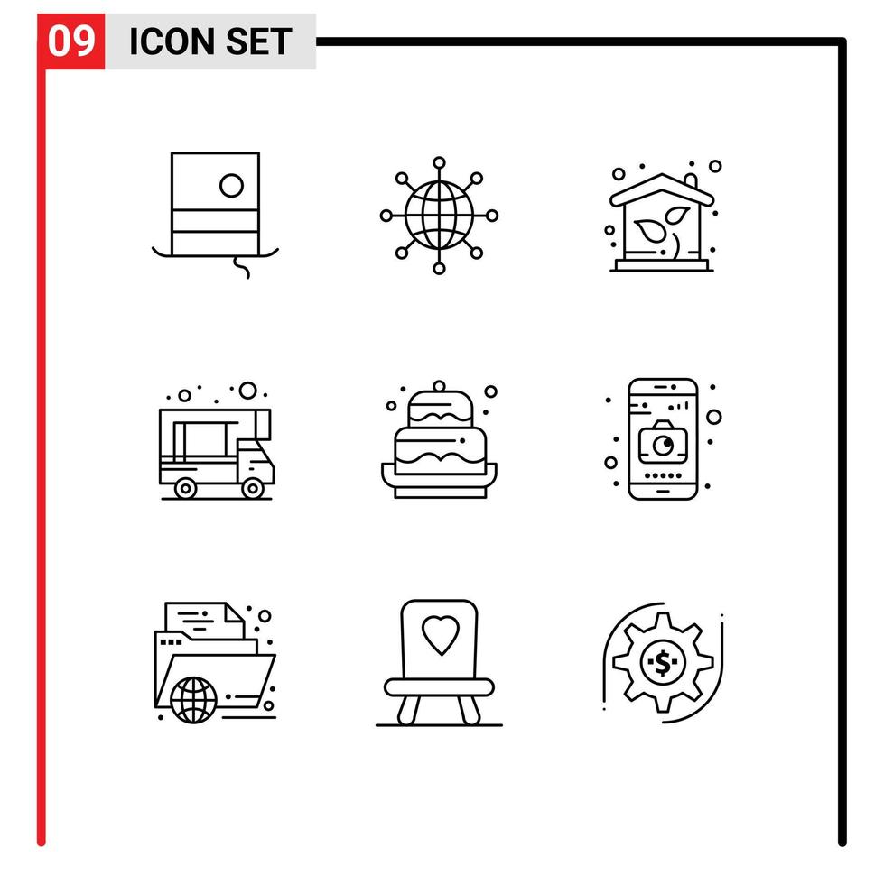 Pictogram Set of 9 Simple Outlines of cake doodle web caravan property Editable Vector Design Elements