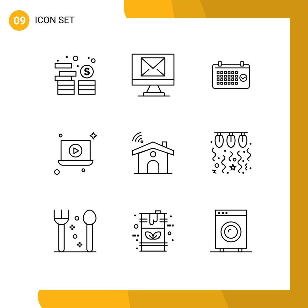 Set of 9 Commercial Outlines pack for signal wifi date video laptop Editable Vector Design Elements