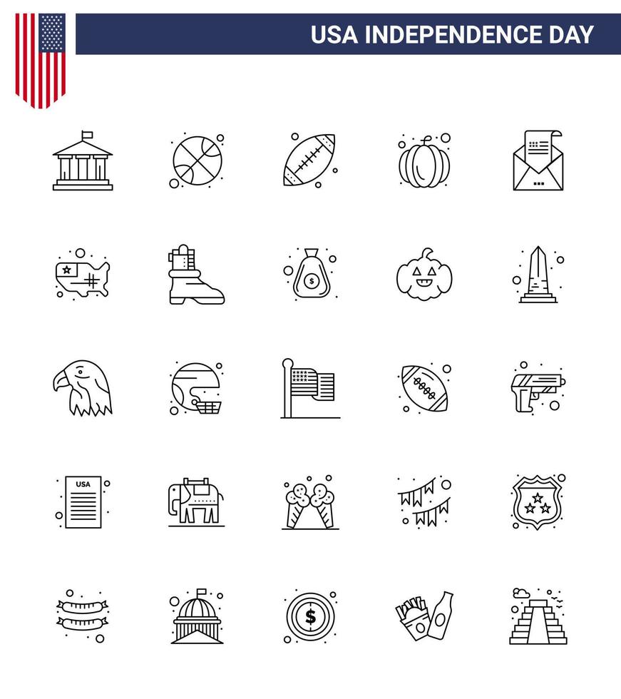 Set of 25 Vector Lines on 4th July USA Independence Day such as greeting email ball usa festival american Editable USA Day Vector Design Elements