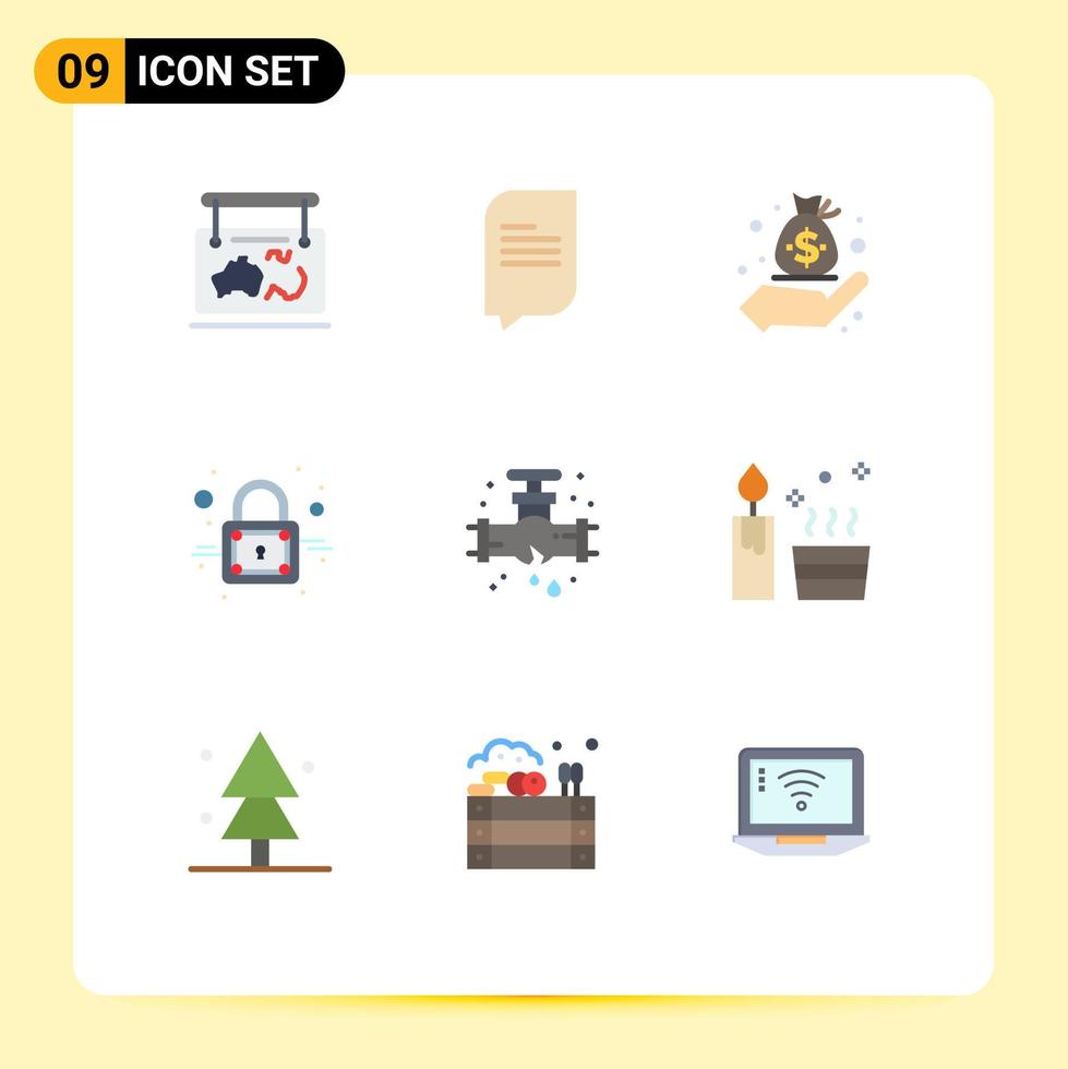 Pack of 9 Modern Flat Colors Signs and Symbols for Web Print Media such as plumber leak business secure closed Editable Vector Design Elements