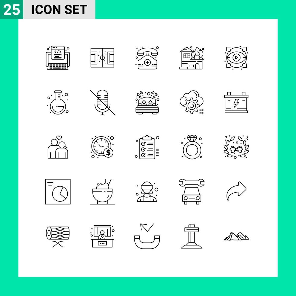 User Interface Pack of 25 Basic Lines of eye fire soccer burning phone Editable Vector Design Elements