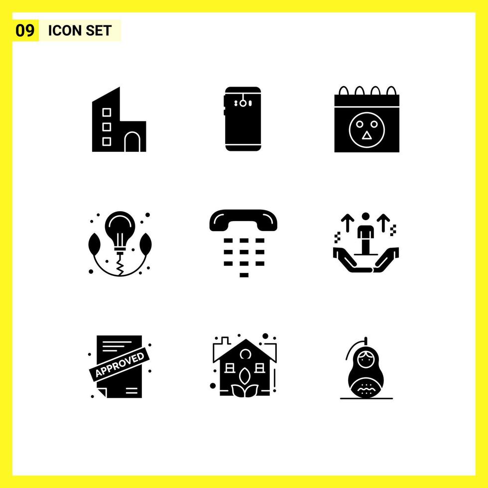 9 Thematic Vector Solid Glyphs and Editable Symbols of communication power camera bulb skull Editable Vector Design Elements