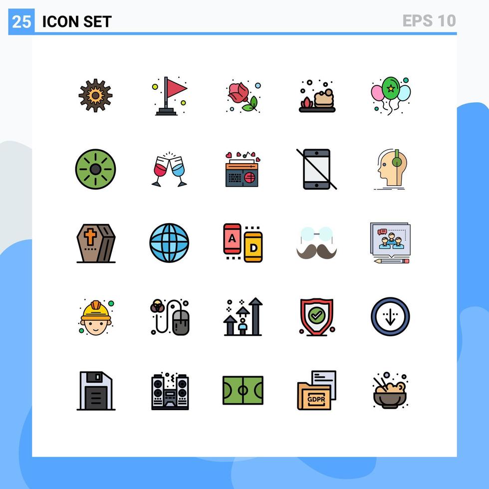 paquete de 25 modernos signos y símbolos de colores planos de línea rellena para medios de impresión web, como regalo de competencia de baño de jabón, elementos de diseño de vectores editables rojos