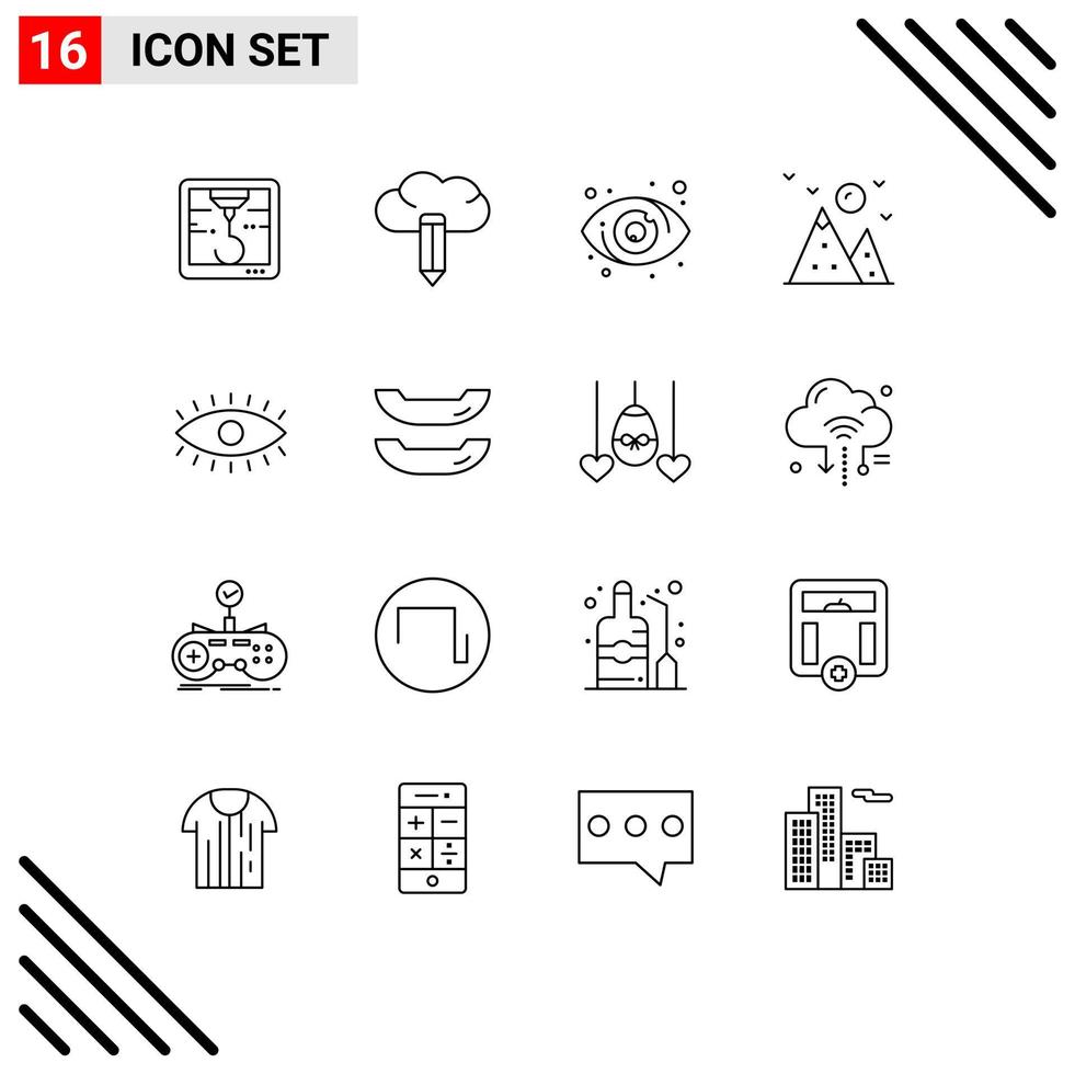 Modern Set of 16 Outlines Pictograph of boat watch view eyes mountain Editable Vector Design Elements