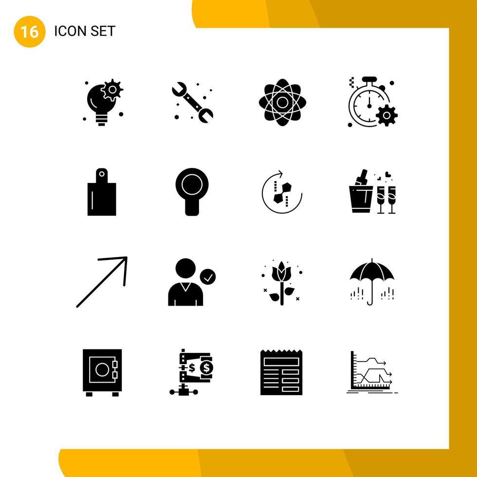 Pack of 16 Modern Solid Glyphs Signs and Symbols for Web Print Media such as food quick atom fast business Editable Vector Design Elements