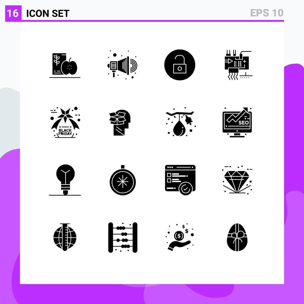 Set of 16 Vector Solid Glyphs on Grid for black friday engineering unlock electronics assemble Editable Vector Design Elements