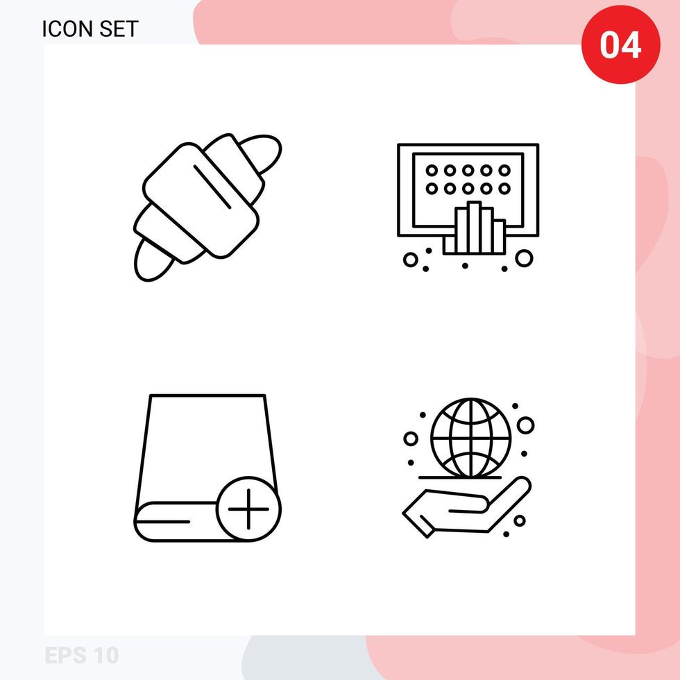 4 Universal Line Signs Symbols of croissant add meal mobile devices Editable Vector Design Elements