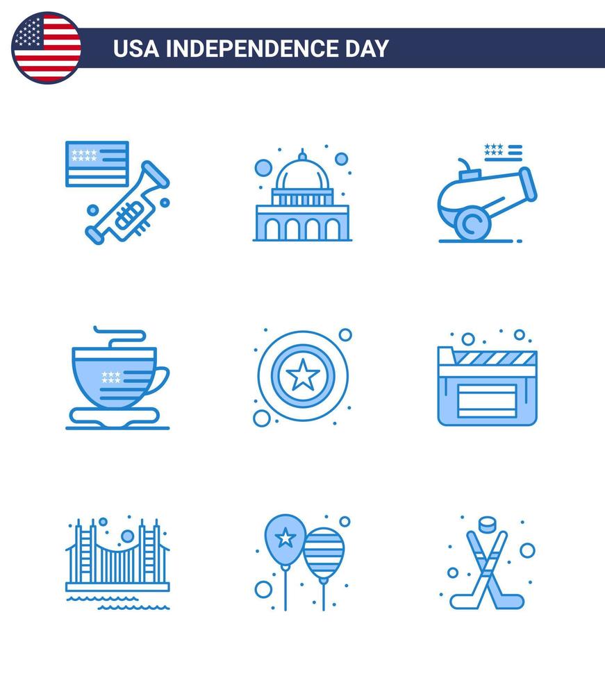 9 Blue Signs for USA Independence Day star men big gun coffee tea Editable USA Day Vector Design Elements