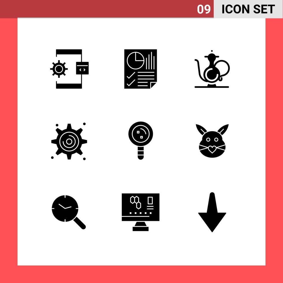 Group of 9 Modern Solid Glyphs Set for settings cogwheel page religion islam Editable Vector Design Elements
