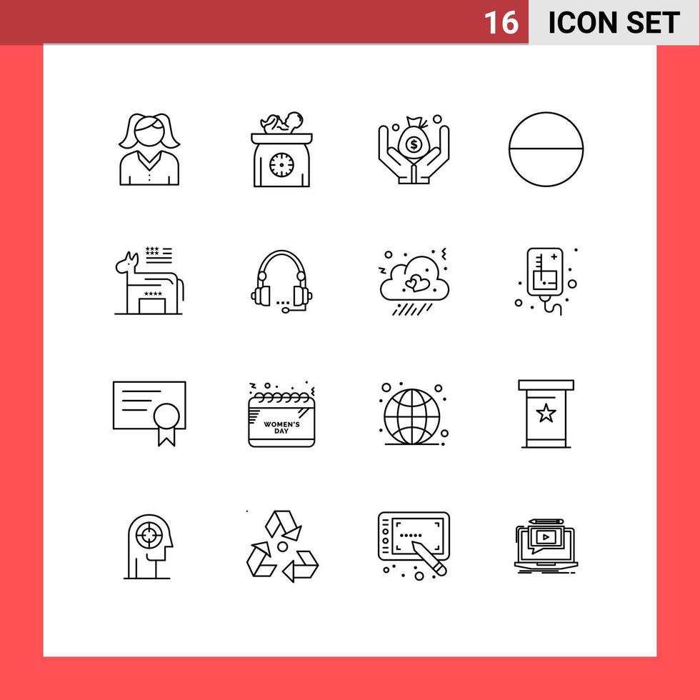 Pack of 16 Modern Outlines Signs and Symbols for Web Print Media such as support political insurance american tablet Editable Vector Design Elements