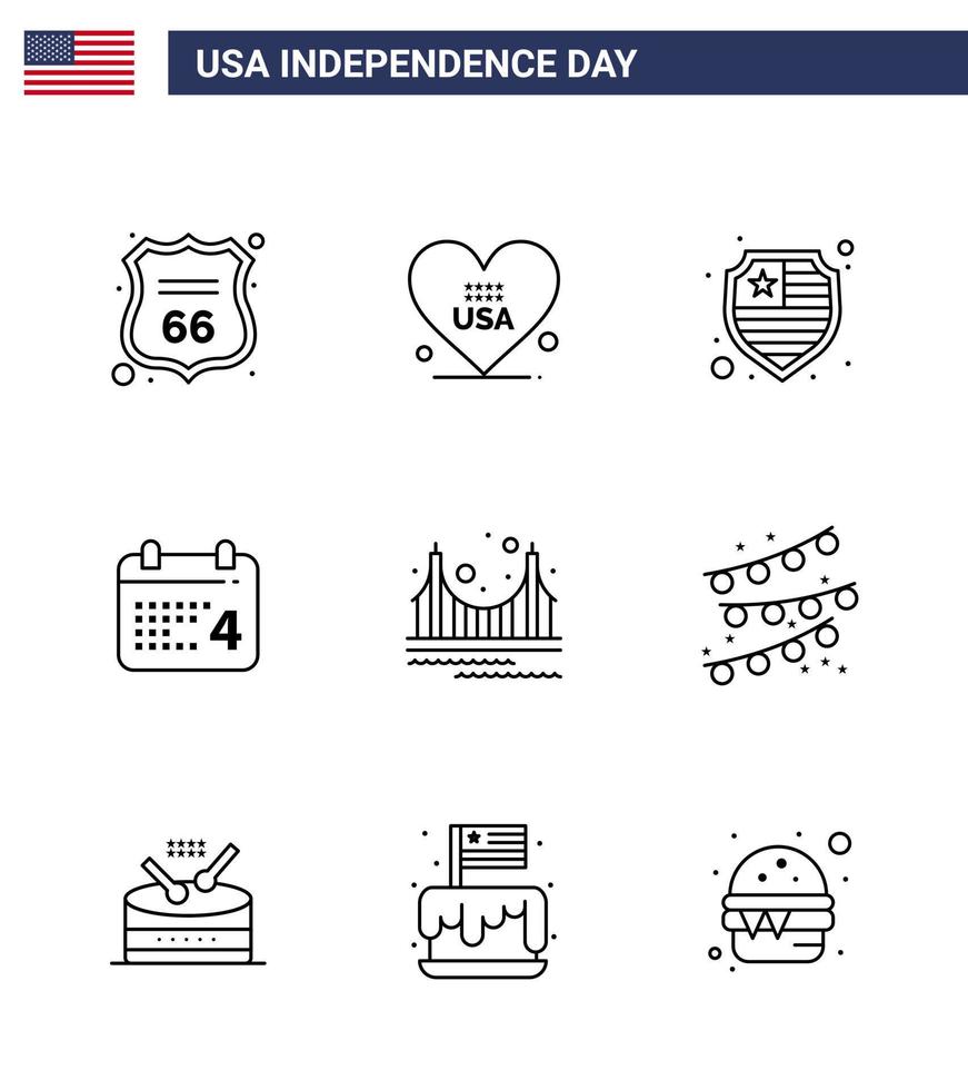 Stock Vector Icon Pack of American Day 9 Line Signs and Symbols for golden bridge american american day Editable USA Day Vector Design Elements