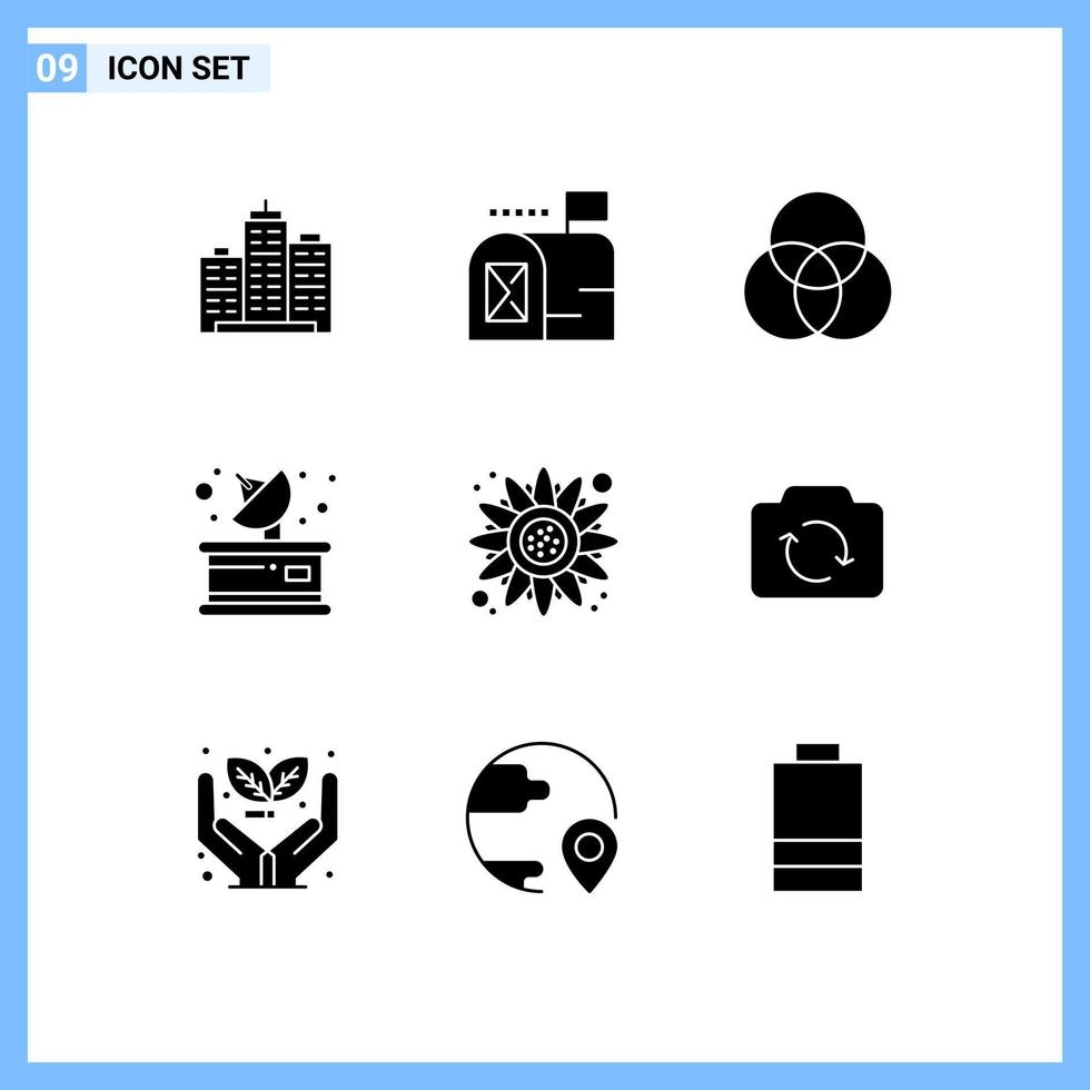 Set of 9 Vector Solid Glyphs on Grid for autumn parabolic mail media intersection Editable Vector Design Elements