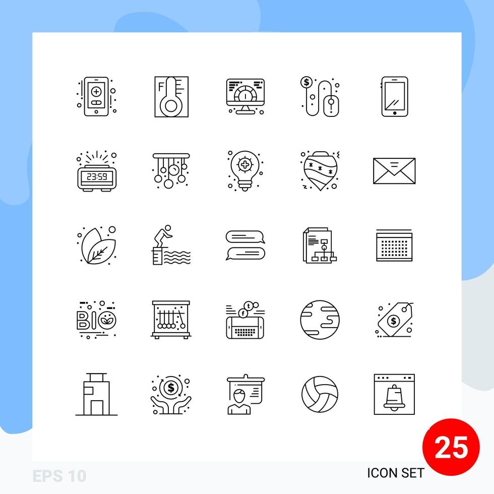 Pack of 25 Modern Lines Signs and Symbols for Web Print Media such as smart phone mouse speed dollar sign click Editable Vector Design Elements