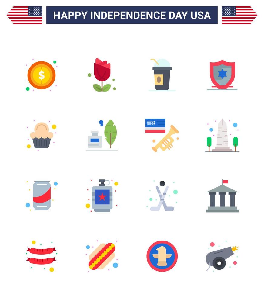 Modern Set of 16 Flats and symbols on USA Independence Day such as sweet cake america shield american Editable USA Day Vector Design Elements