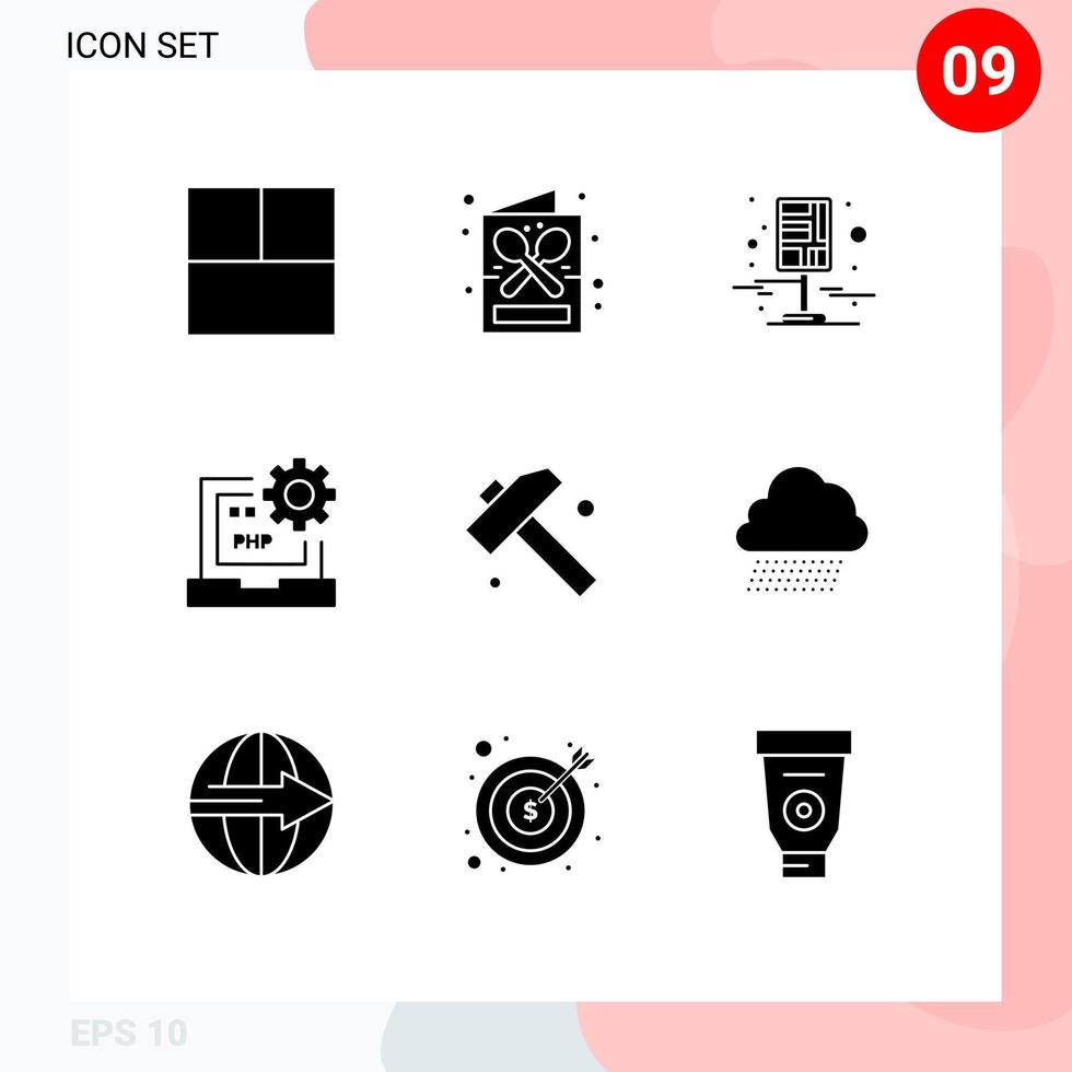 Set of 9 Commercial Solid Glyphs pack for construction development destination develop code Editable Vector Design Elements
