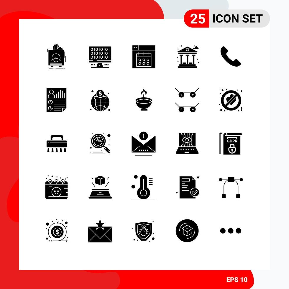 25 Universal Solid Glyphs Set for Web and Mobile Applications phone bank server life date Editable Vector Design Elements