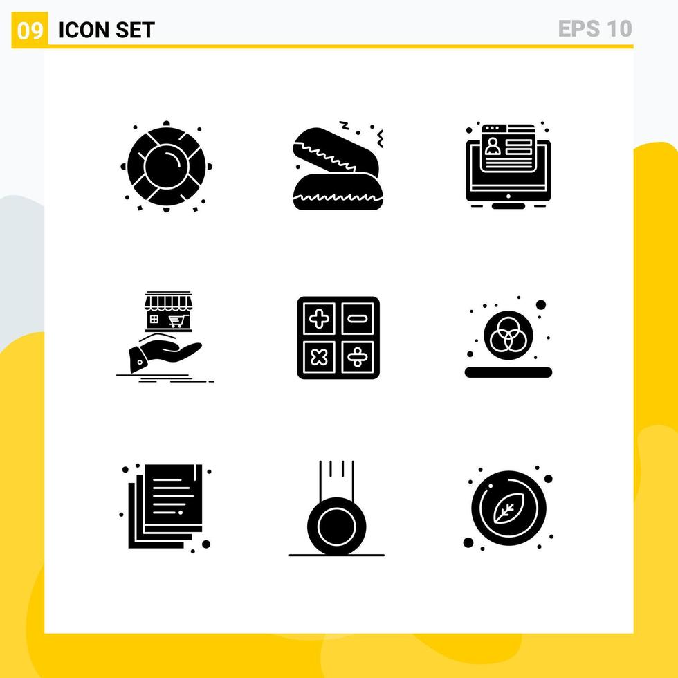 conjunto de pictogramas de 9 glifos sólidos simples de calcular el marketing manual en línea donar elementos de diseño vectorial editables vector