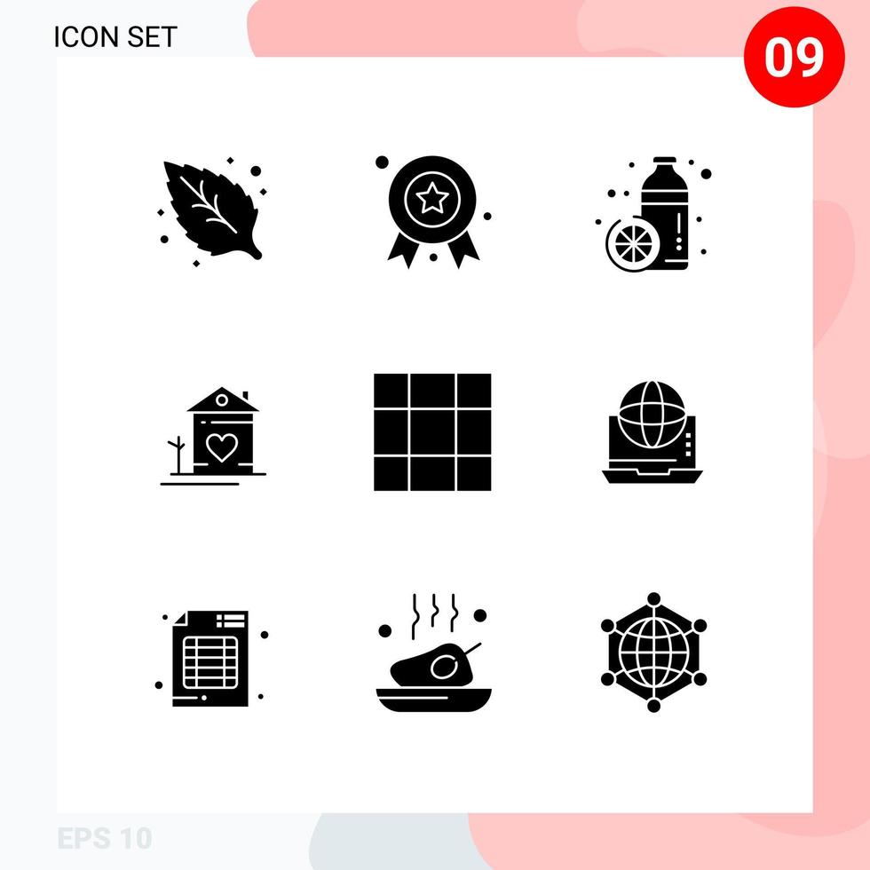 Set of 9 Commercial Solid Glyphs pack for grid couple diet family home Editable Vector Design Elements