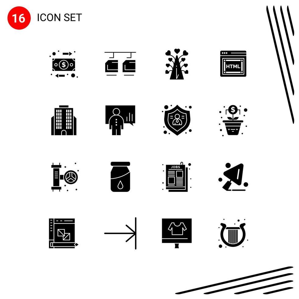 Pack of 16 Modern Solid Glyphs Signs and Symbols for Web Print Media such as business seo love html valentines day Editable Vector Design Elements