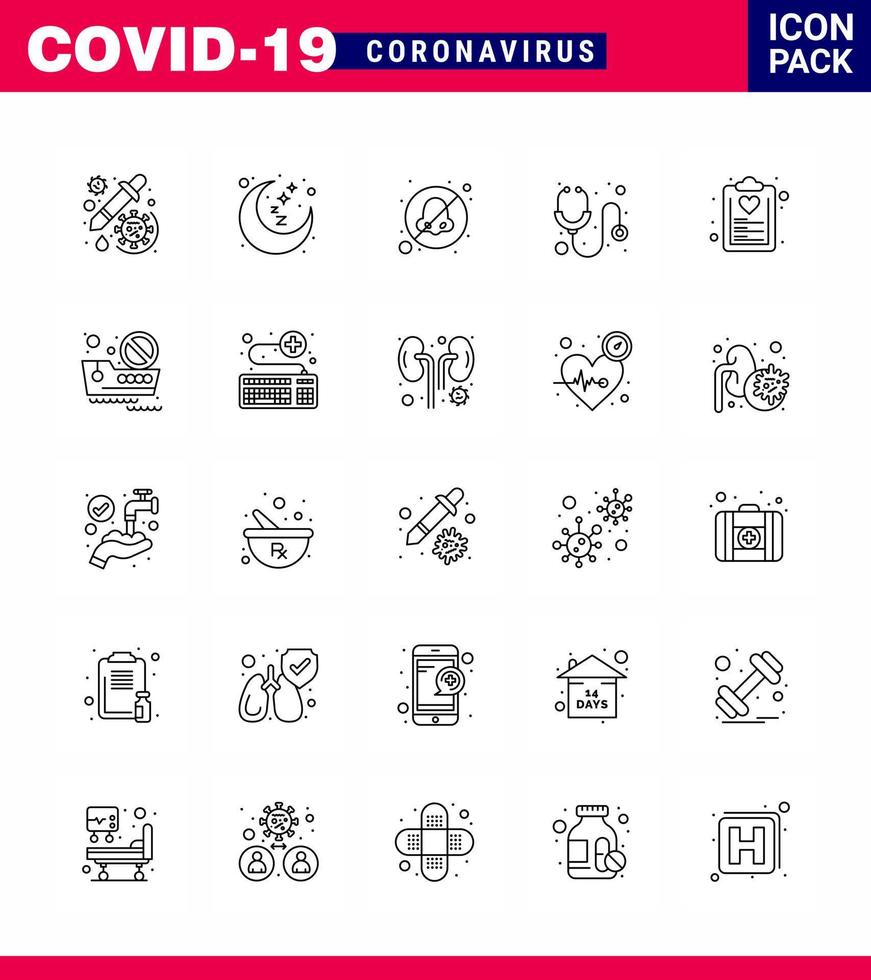 Simple Set of Covid19 Protection Blue 25 icon pack icon included check list medical rest time hospital avoid viral coronavirus 2019nov disease Vector Design Elements