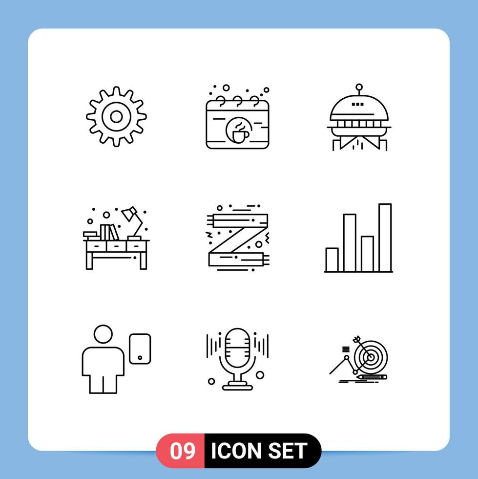 9 Thematic Vector Outlines and Editable Symbols of clothes accessories space workplace table Editable Vector Design Elements