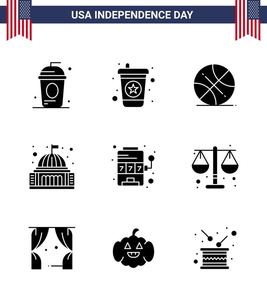 grupo de 9 glifos sólidos establecidos para el día de la independencia de los estados unidos de américa, como el lugar de la casa de backetball del hito del casino, elementos editables de diseño vectorial del día de estados unidos vector